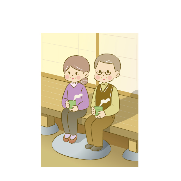 縁側でお茶をする仲つつまじい藤原夫妻のイメージ