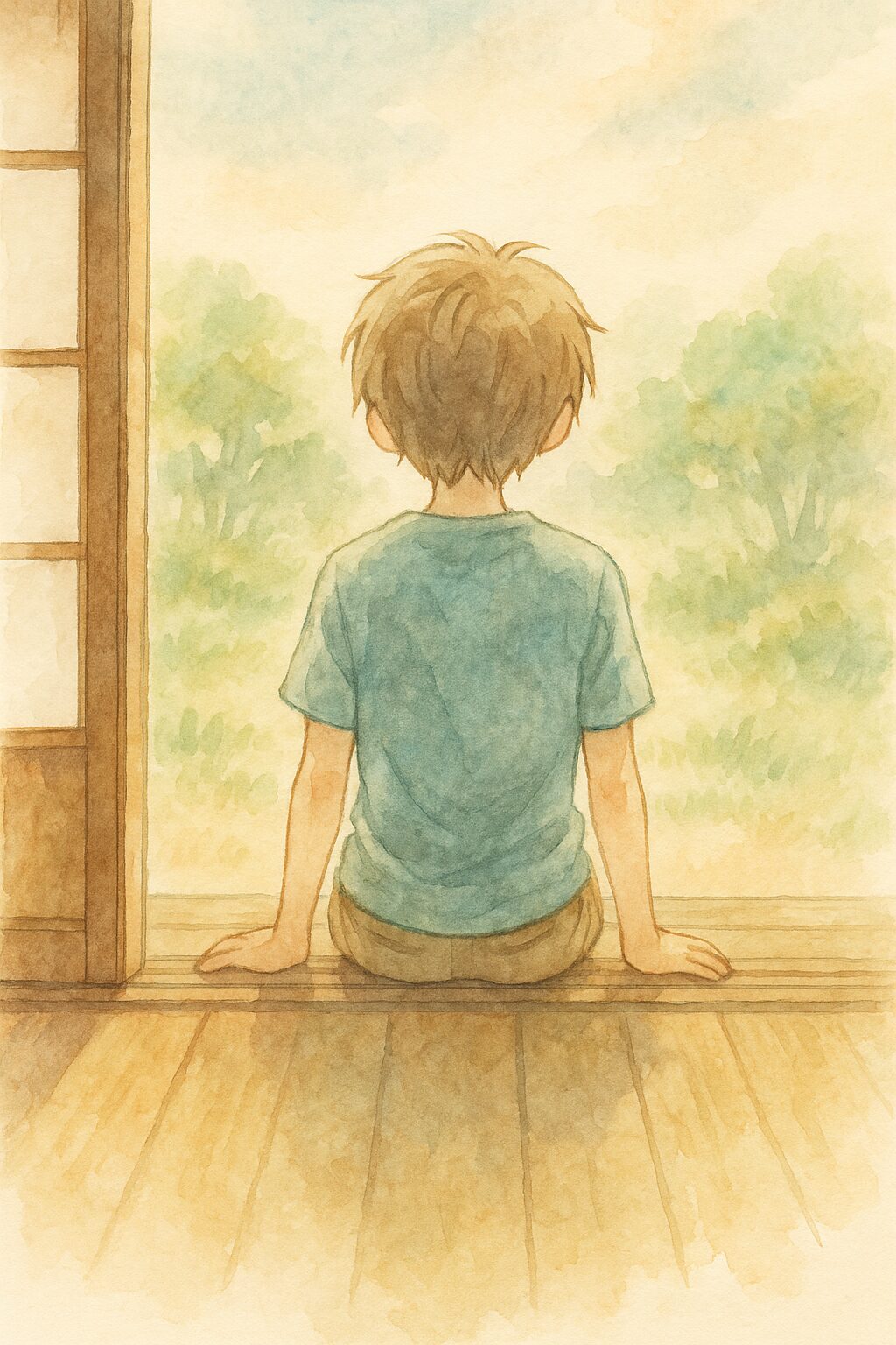縁側に佇む少年のやわらかいイメージ挿絵(夏目友人帳のイメージイラストを当メディアで作成したものです。)