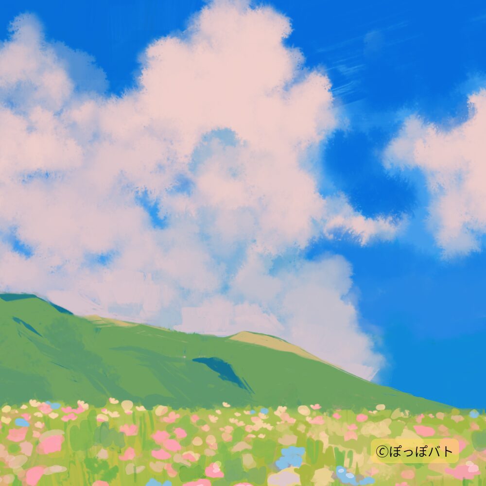 夏の青空と花畑が広がる優しい風景